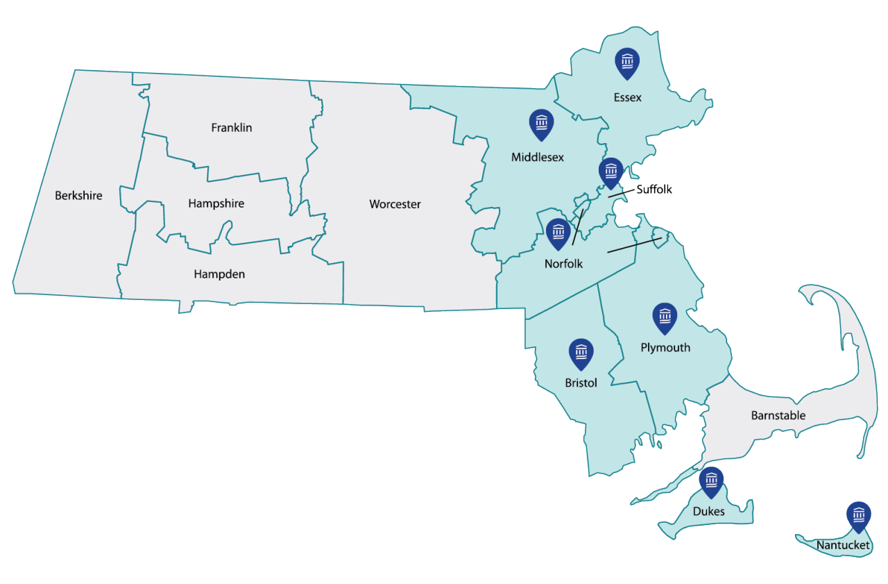 A map of Massachusetts showing the eligible counties: Bristol, Dukes, Essex, Middlesex, Nantucket, Norfolk, Plymouth, Suffolk