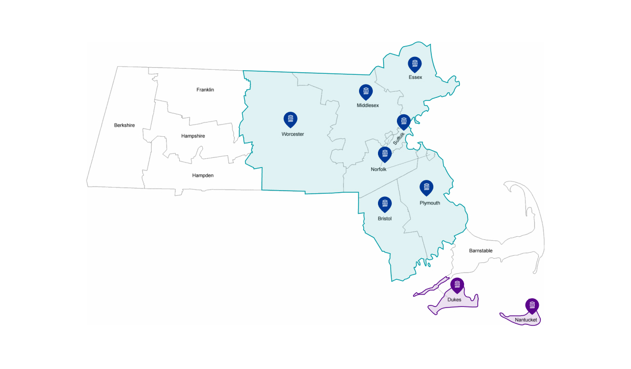 Graphic showing plan service area for Massachusetts, including new coverage areas in Dukes and Nantucket counties.