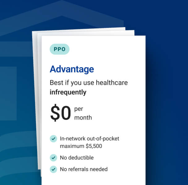 Graphic showing details for the 2025 Advantage PPO plan with $0/mo premium and $5,500 out-of-pocket maximum. 